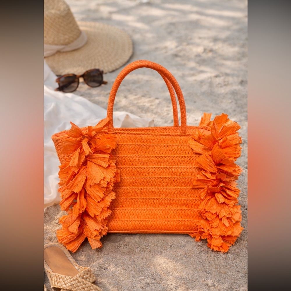 Shiraleah Chicago Orange Raffia Fringe Tote Beach Vacation Bag